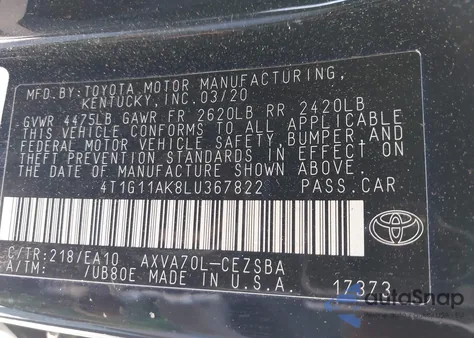 2020 Toyota Camry Se из США, поврежденный, VIN 4T1G11AK8LU367822